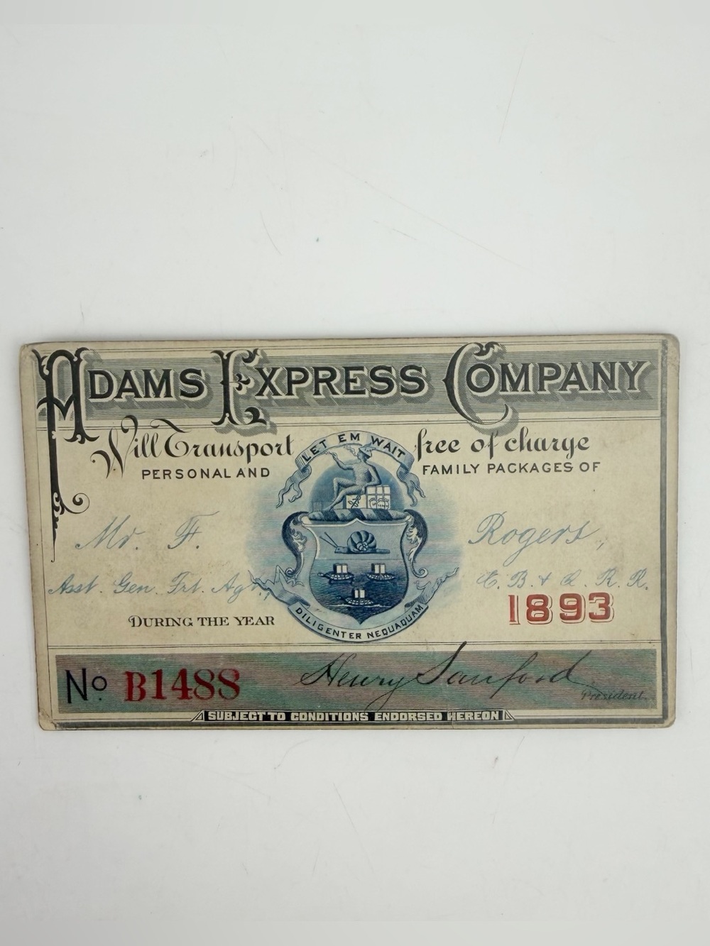 RARE 1893 Adams Express Co Annual Frank Pass CB&Q RR Railroad Antique Ephemera